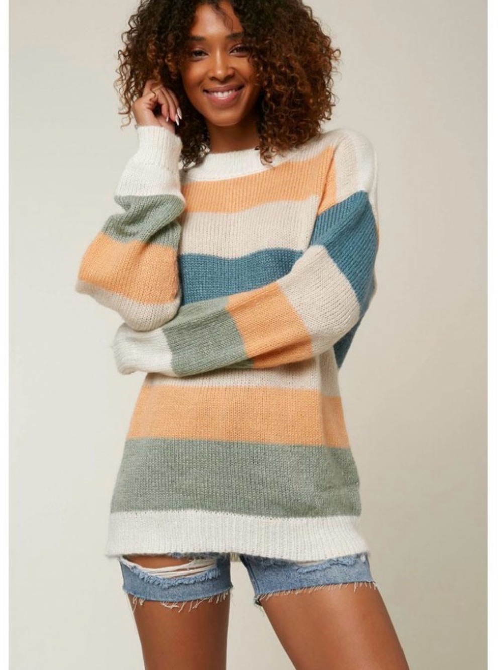 O'Neill Floyd Stripe Mock Neck Sweater featuring a multi-colored striped design